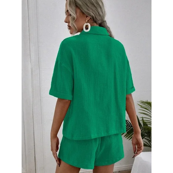 2 piece set: Breast Pocket Button Down Shirt & high waist Shorts coords tan - Picture 4 of 14